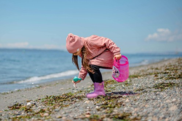 Barn i pink jakke og lilla gummistøvler, der samler skaller på stranden.